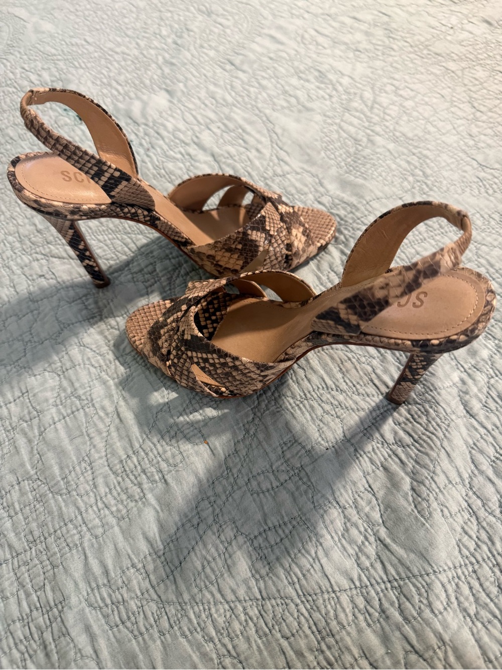 SCHUTZ Snake-Print Slingback Heels in Tan and Black